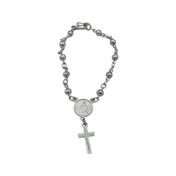 Vintage Sterling Silver .950 Cross Religious Bead Link Bracelet - Picture 1 of 4